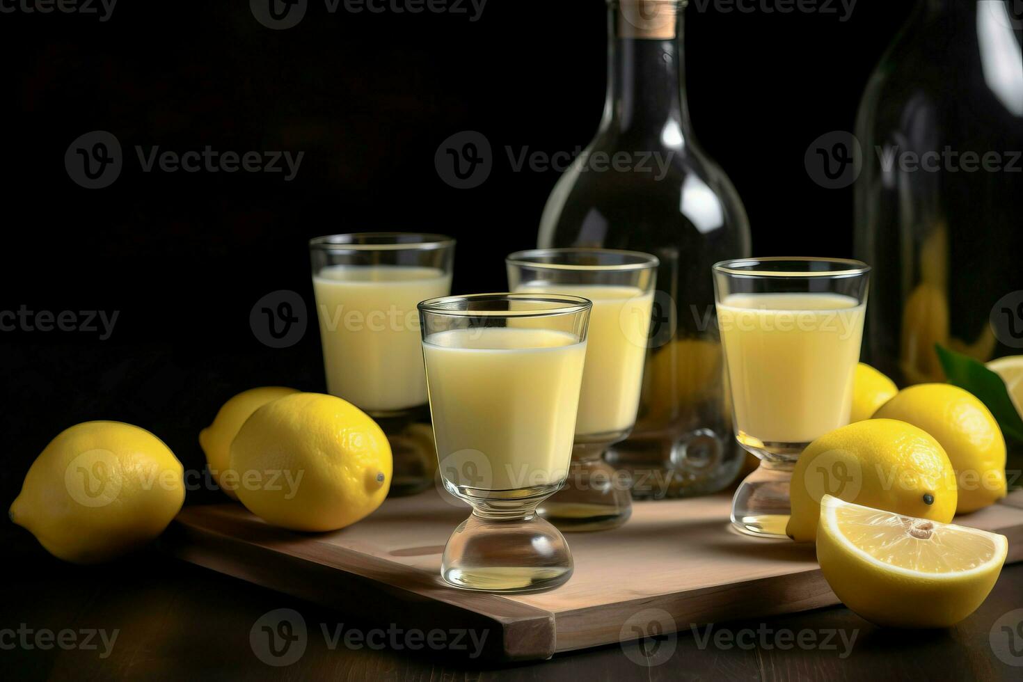 Italienisch alkoholisch Limoncello auf hölzern Tafel. generieren ai foto