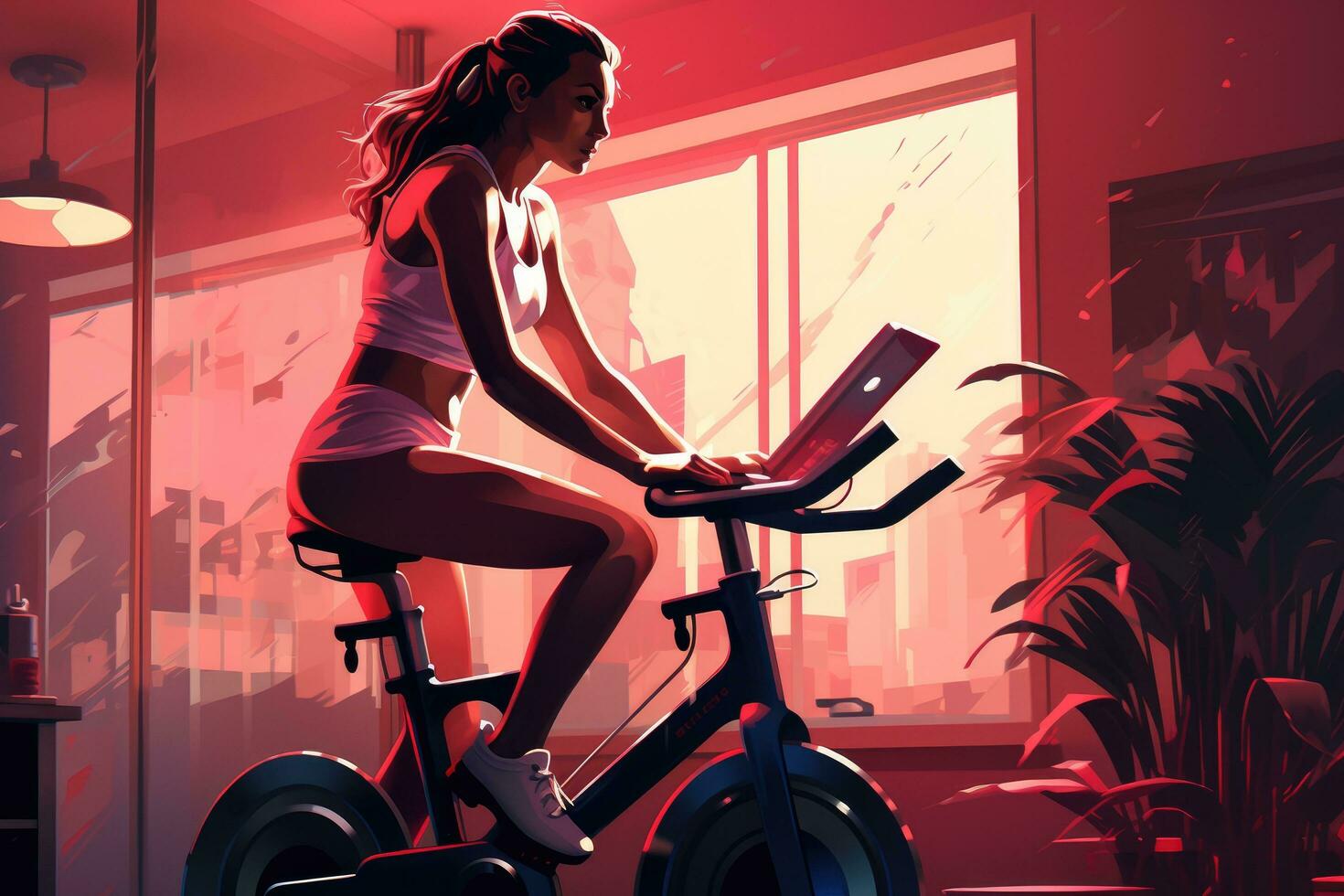 ai generiert sportlich jung Frau Reiten ein stationär Fahrrad im das Fitnessstudio. Vektor Illustration, ein Frau auf ein Fitness Übung Fahrrad drinnen, ai generiert foto