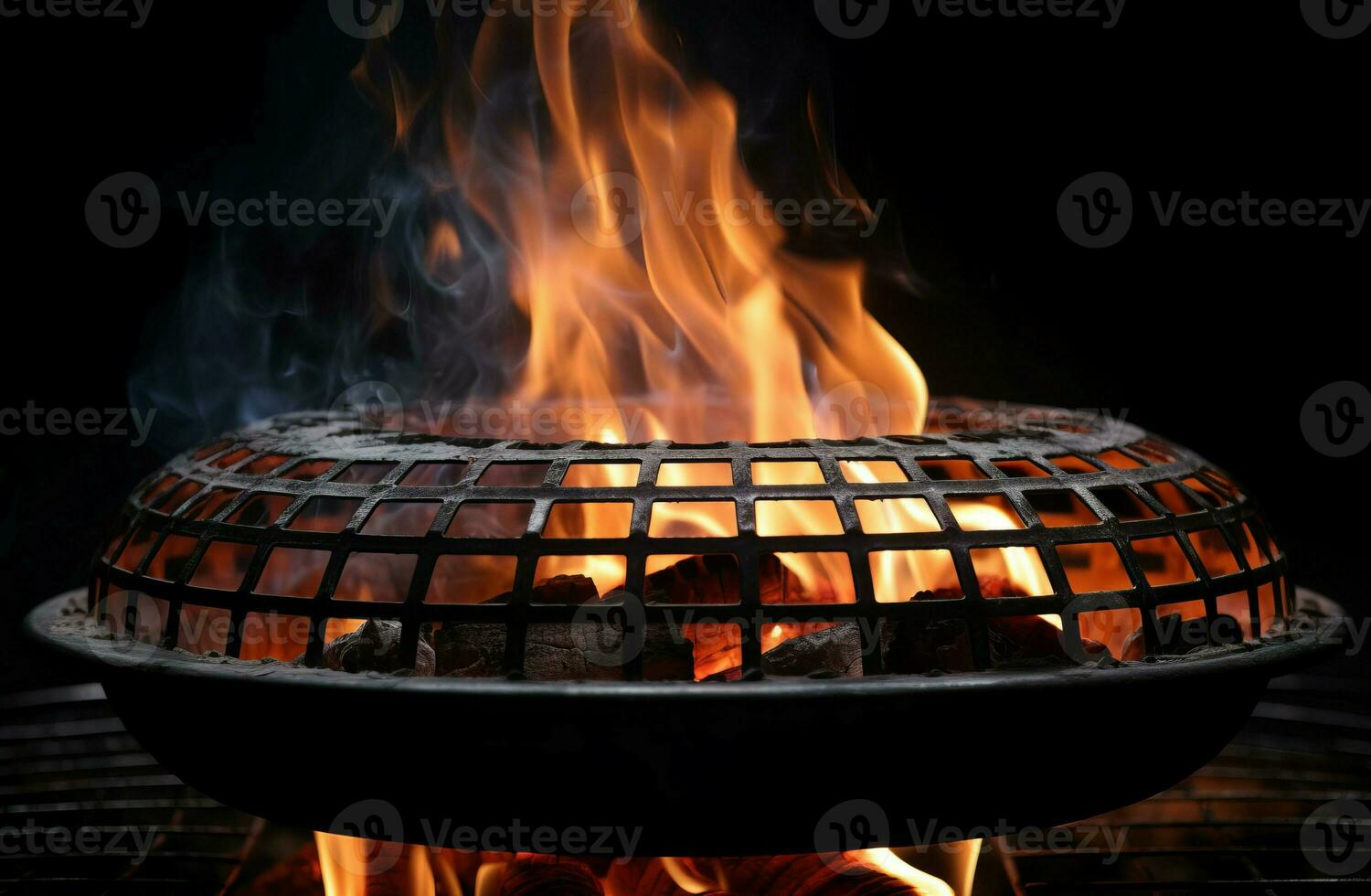 Grill Grill mit Verbrennung Lagerfeuer Flammen Nahansicht Foto. generieren ai foto