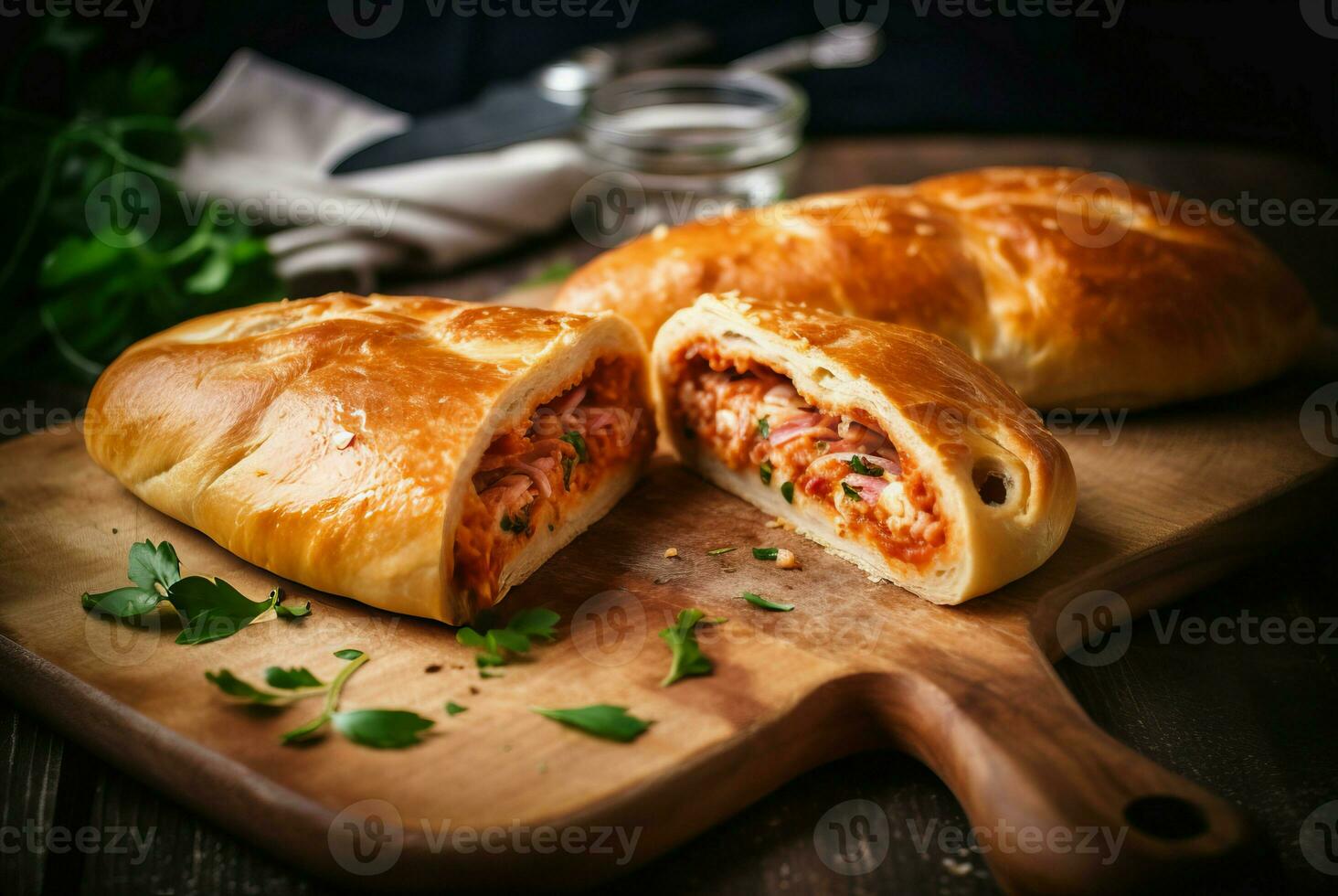 Italienisch Stromboli Pizza auf hölzern Tafel. generieren ai foto