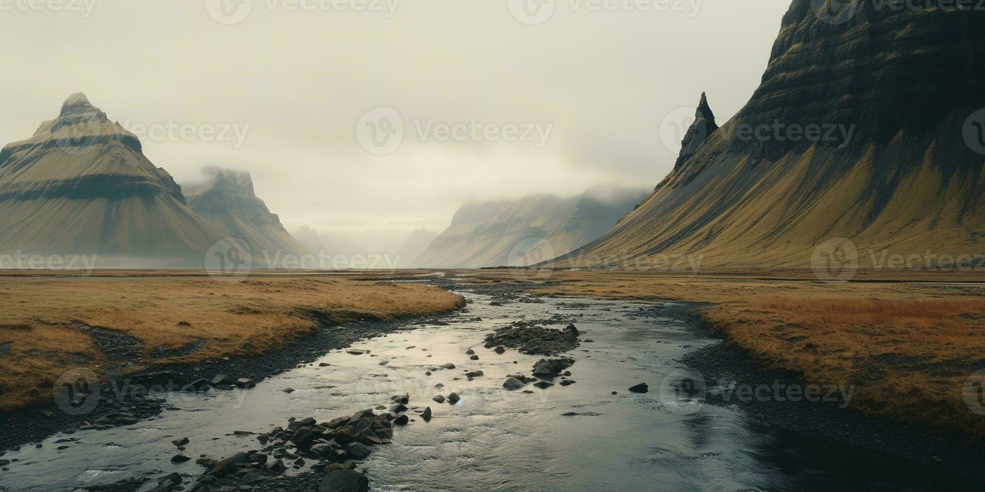 ai generiert generativ ai, Island schön nebelig wild Landschaft mit Berge, ästhetisch stumm geschaltet Farben, foto