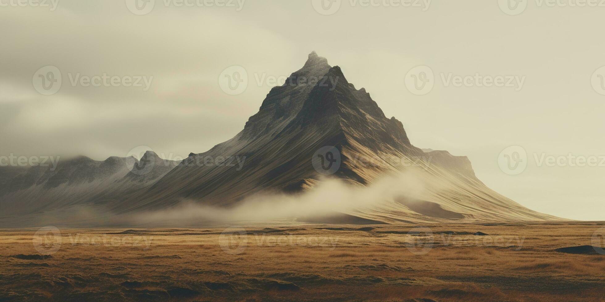 ai generiert generativ ai, Island schön nebelig wild Landschaft mit Berge, ästhetisch stumm geschaltet Farben, foto