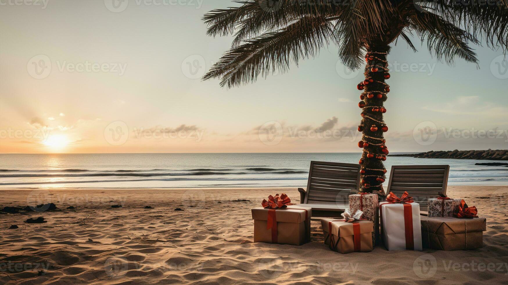 ai generiert generativ ai, Weihnachten auf das Strand. Geschenke, Weihnachten Baum, Palme, Ozean und Stühle. Ferien Konzept foto