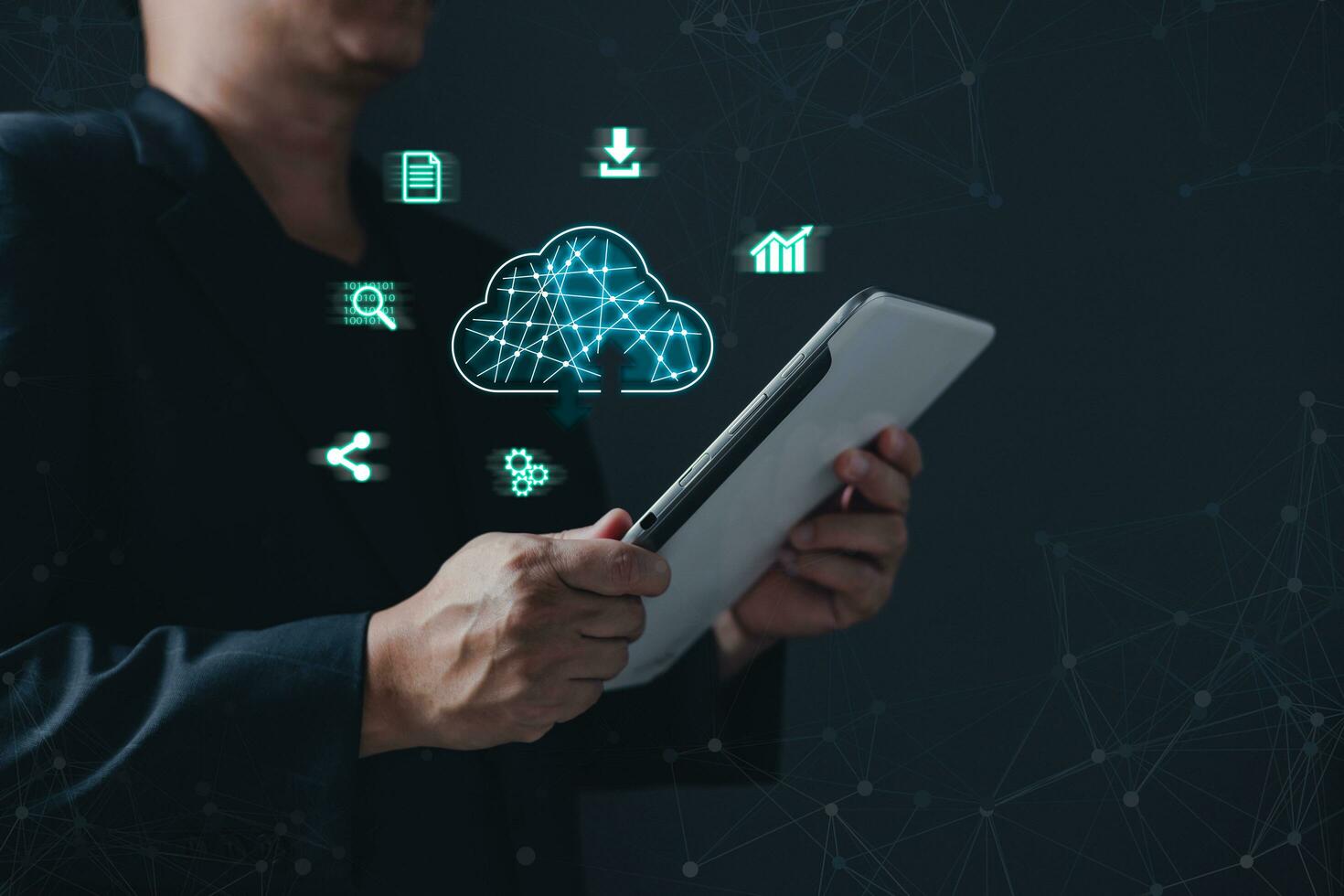 Mann verwenden Wolke Computing Diagramm auf Tablette Daten Lagerung. das verwenden von online Digital Netzwerk Technologie im Geschäft, Kauf und Verkauf Handel online Digital Marktplatz foto