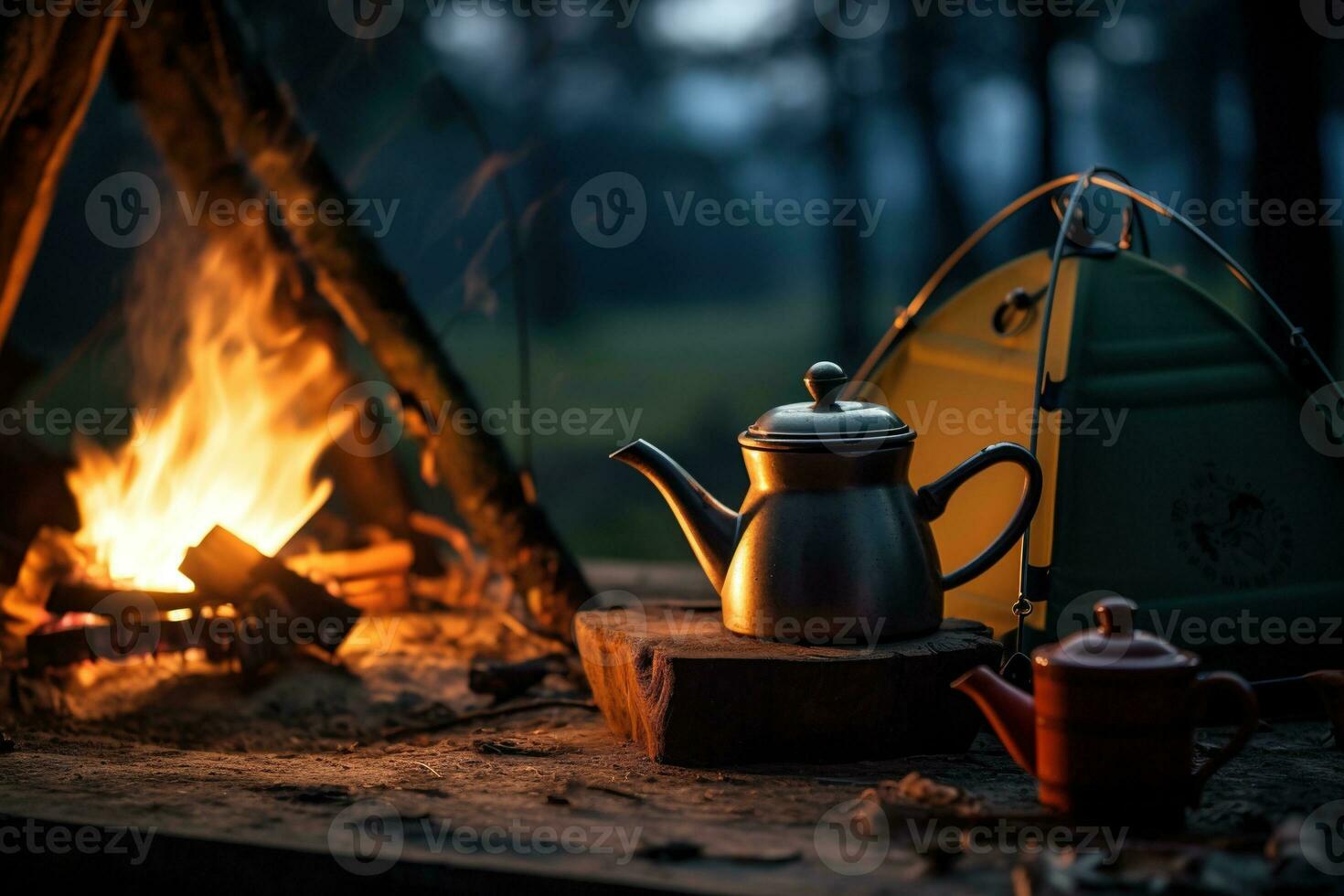 ai generiert Camping im das Wald, ein Kessel und ein Tasse von Tee foto