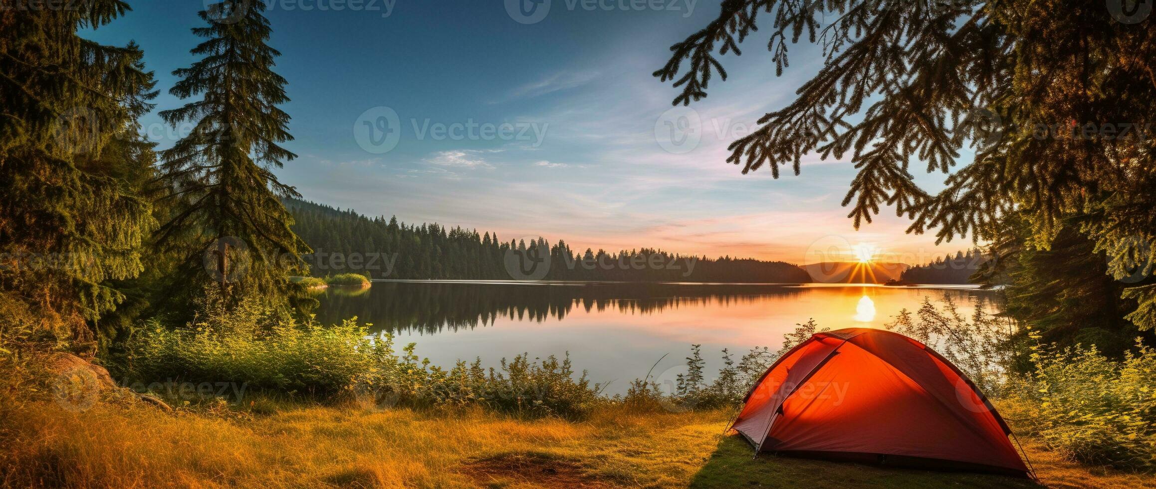 ai generiert Camping Zelt auf das Ufer von ein See beim Sonnenuntergang. foto