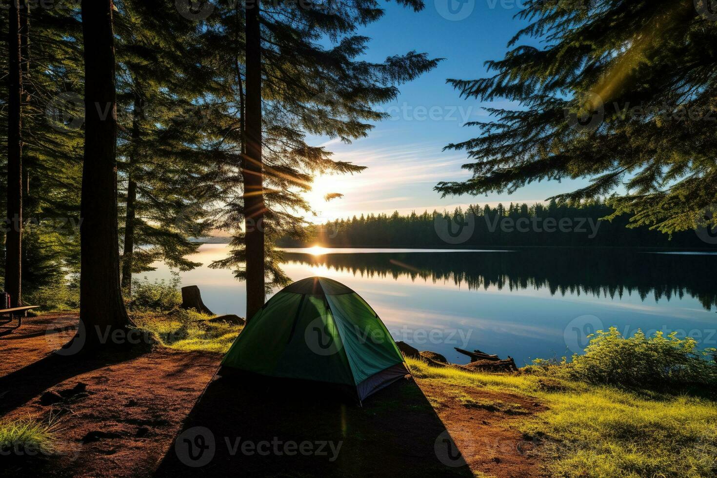 ai generiert Camping Zelt auf das Ufer von ein See beim Sonnenuntergang. foto