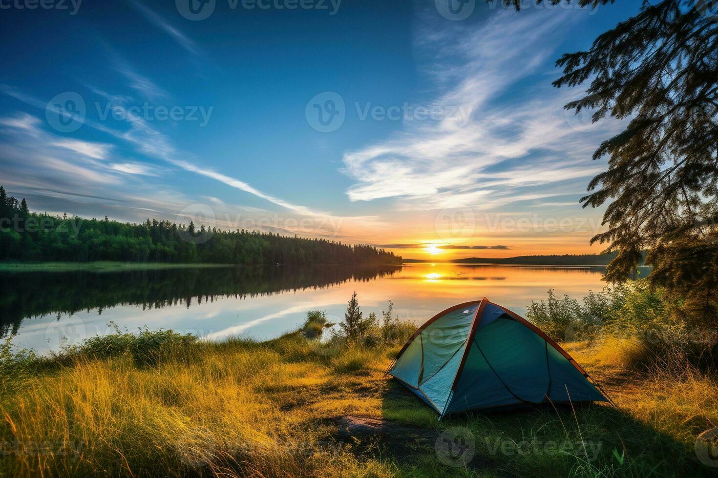 ai generiert Camping Zelt auf das Ufer von ein See beim Sonnenuntergang. foto