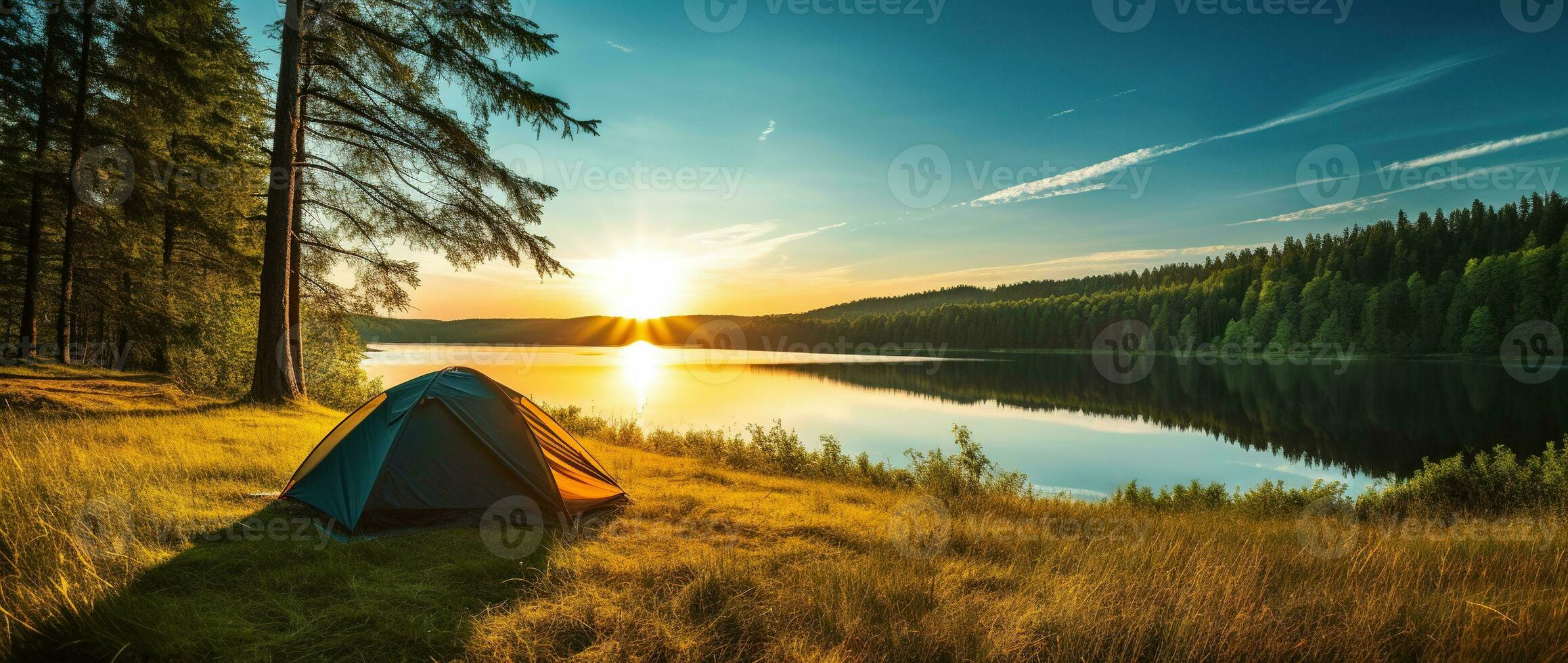 ai generiert Camping Zelt auf das Ufer von ein See beim Sonnenuntergang. foto