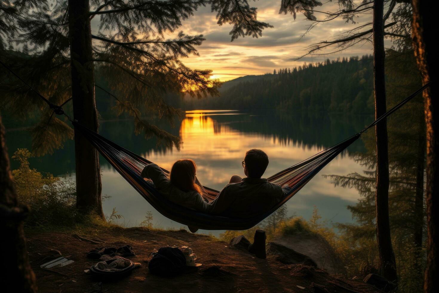 ai generiert Mann und Frau entspannend im Hängematte auf das See Ufer beim Sonnenuntergang, ein Person tragen virtuell Wirklichkeit Gläser, eingetaucht im ein futuristisch, Hightech Umfeld, ai generiert foto