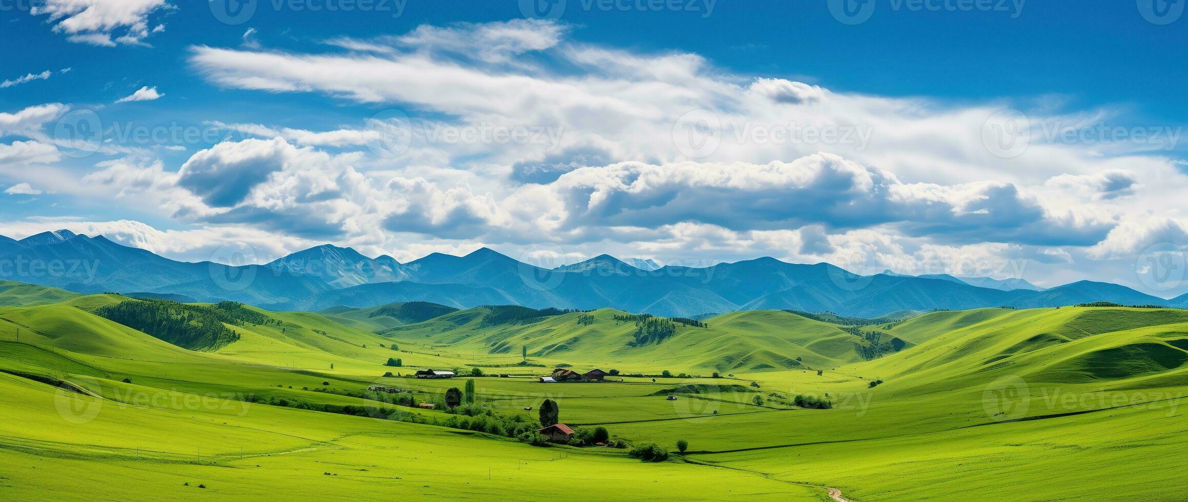 ai generiert schön Landschaft mit Grün Wiesen und Blau Himmel mit Wolken. foto