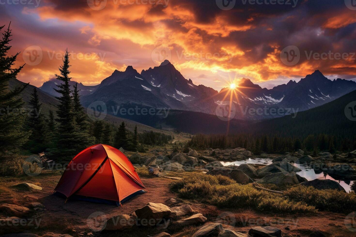 ai generiert Zelt im das Berge beim Sonnenuntergang. schön Sommer- Landschaft mit ein Zelt. foto