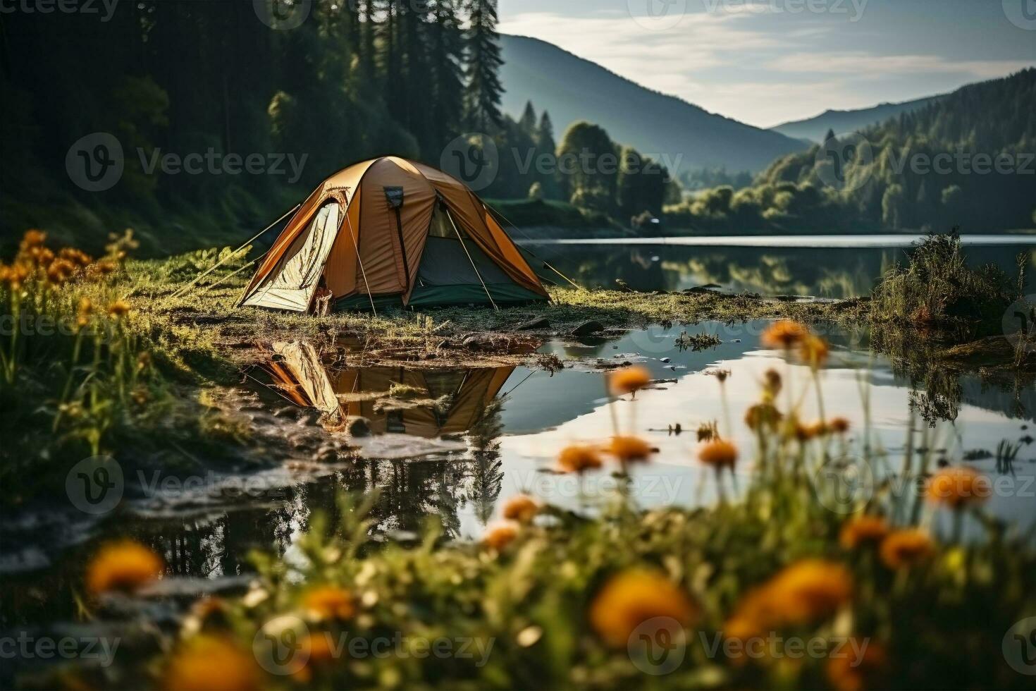 ai generiert Zelt gelegen durch das See foto