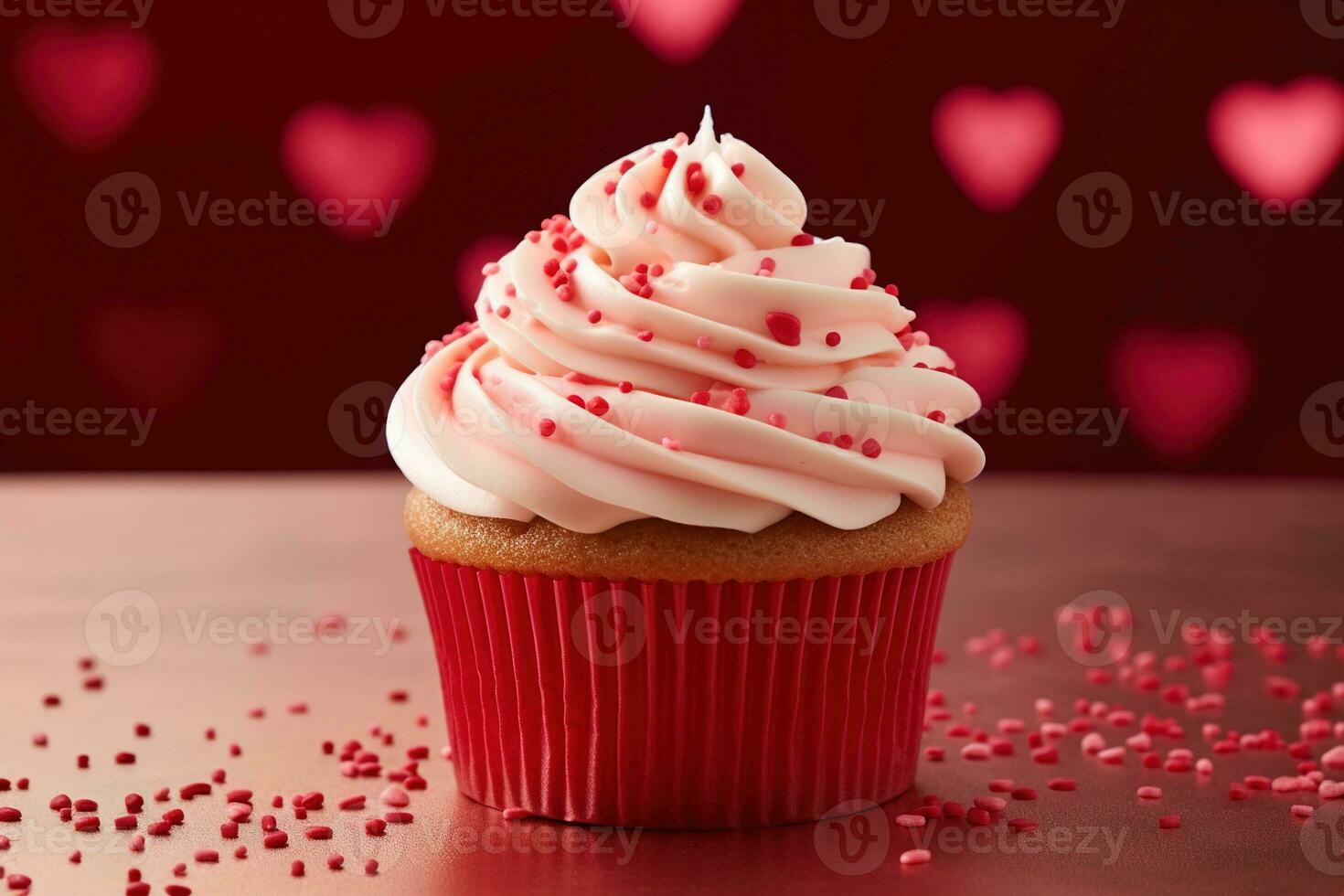 ai generiert Valentinstag Cupcake mit herzförmig Sträusel auf rot Hintergrund foto