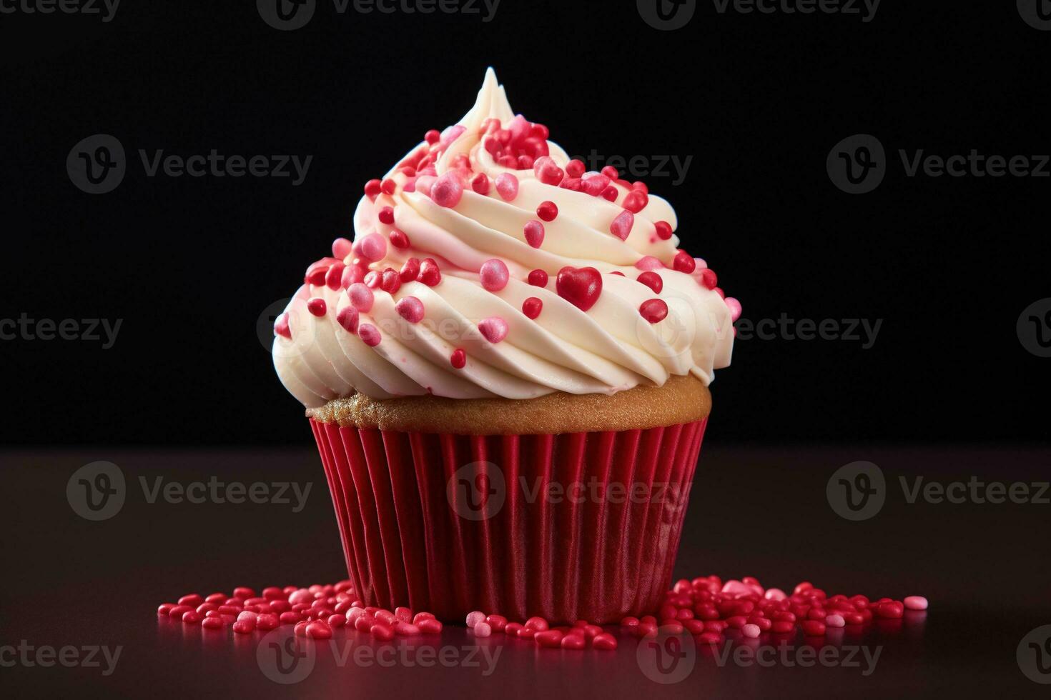 ai generiert Valentinstag Cupcake mit herzförmig Sträusel auf rot Hintergrund foto