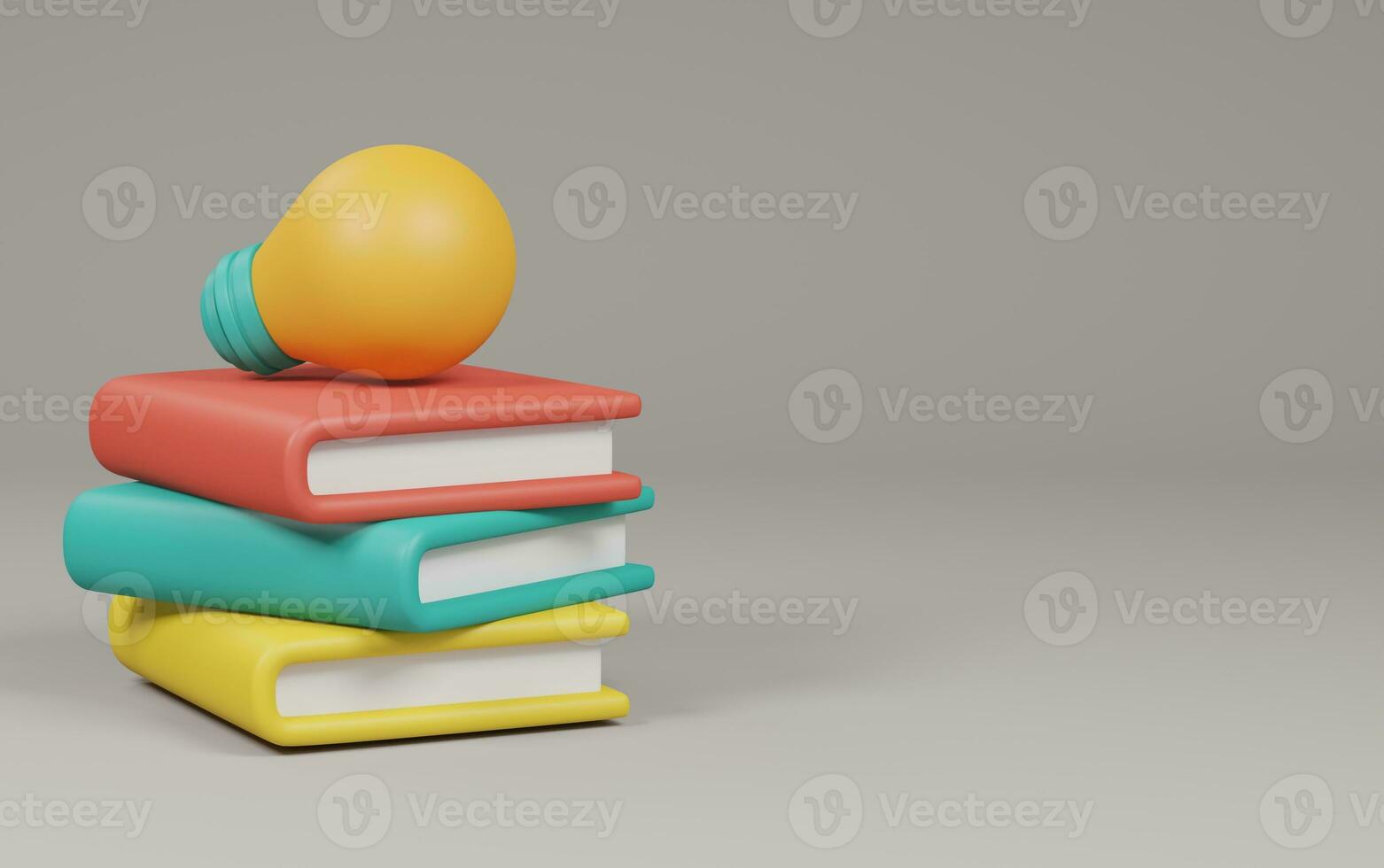 Licht Birne auf Stapel von Bücher grau Hintergrund. zurück zu Schule Konzept. 3d Rendern Illustration. foto