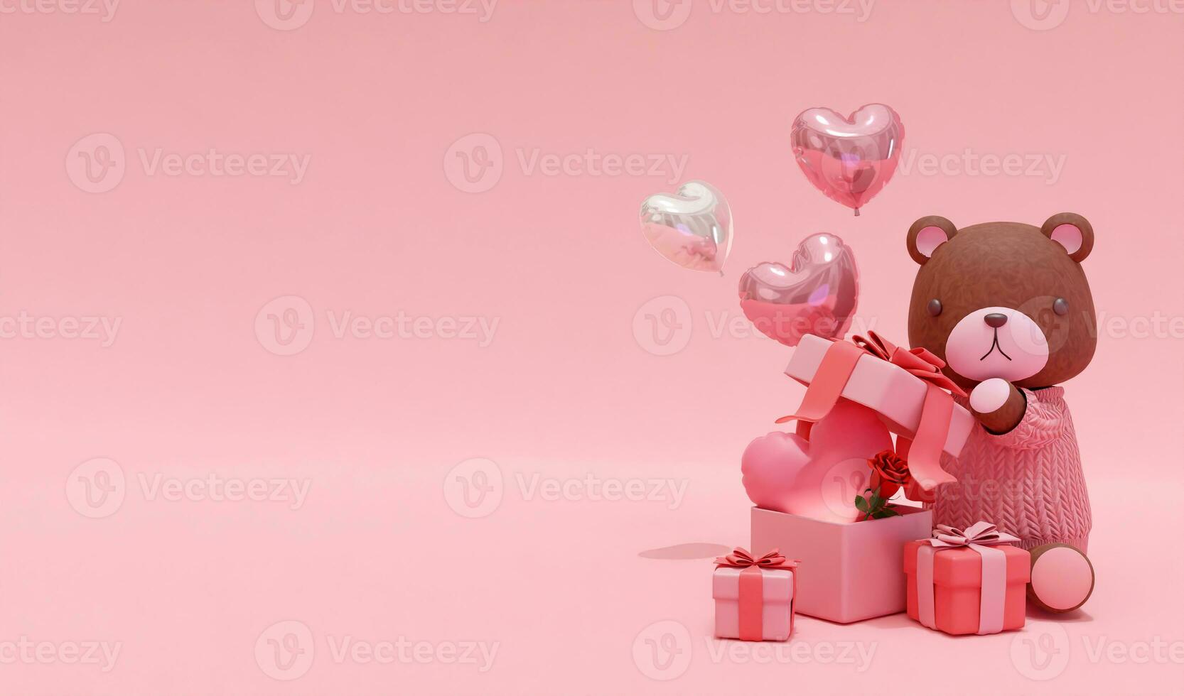 3d Rendern Hintergrund, süß tragen, Herz Luftballons, Geschenk Kasten, geeignet zum Valentinstag Tag, Hochzeiten, Geburtstage, usw. foto