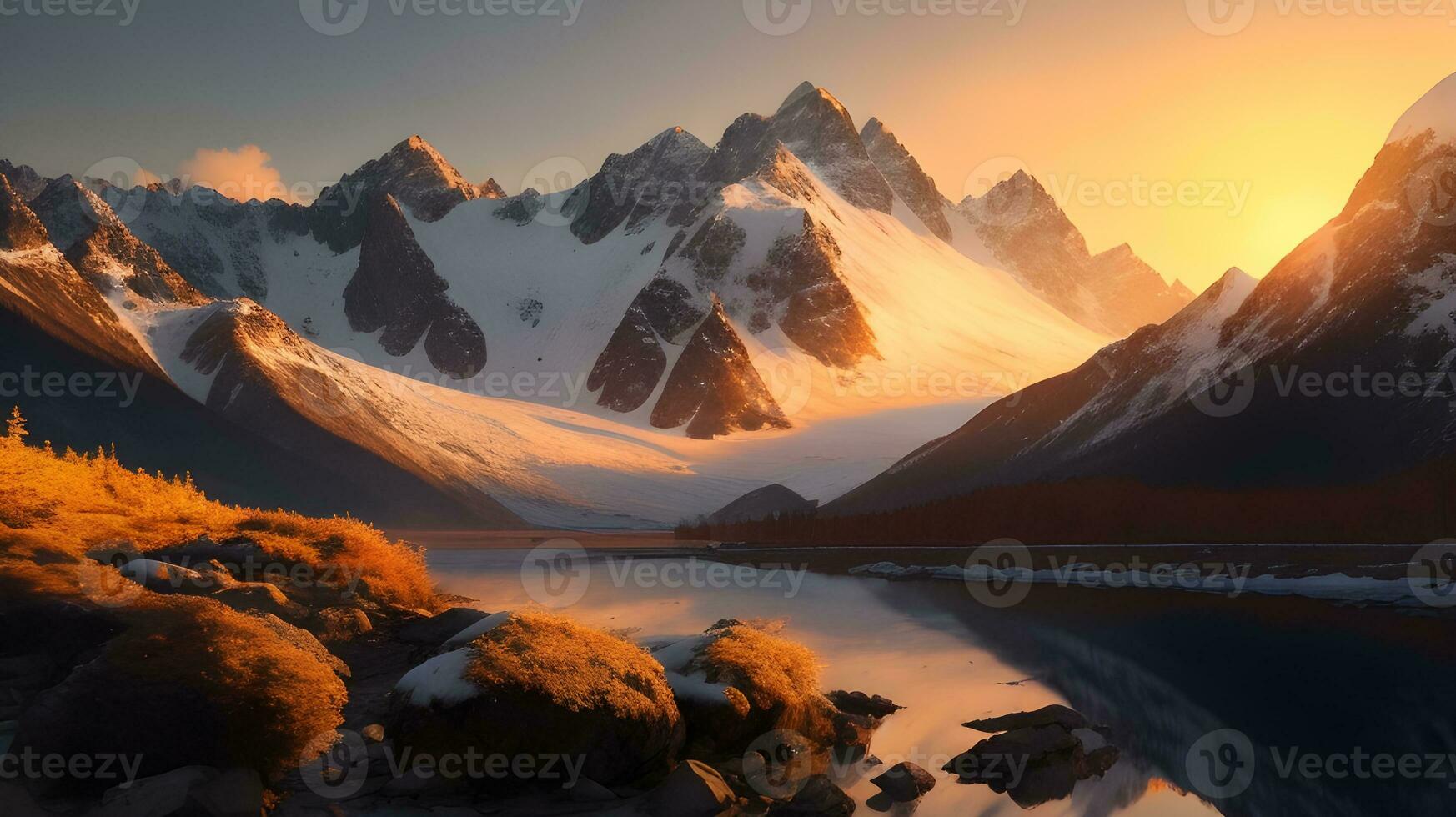 ai generiert ätherisch alpin Majestät, von der Sonne geküsst Spitzen im ein schneebedeckt Wildnis. ai generiert. foto