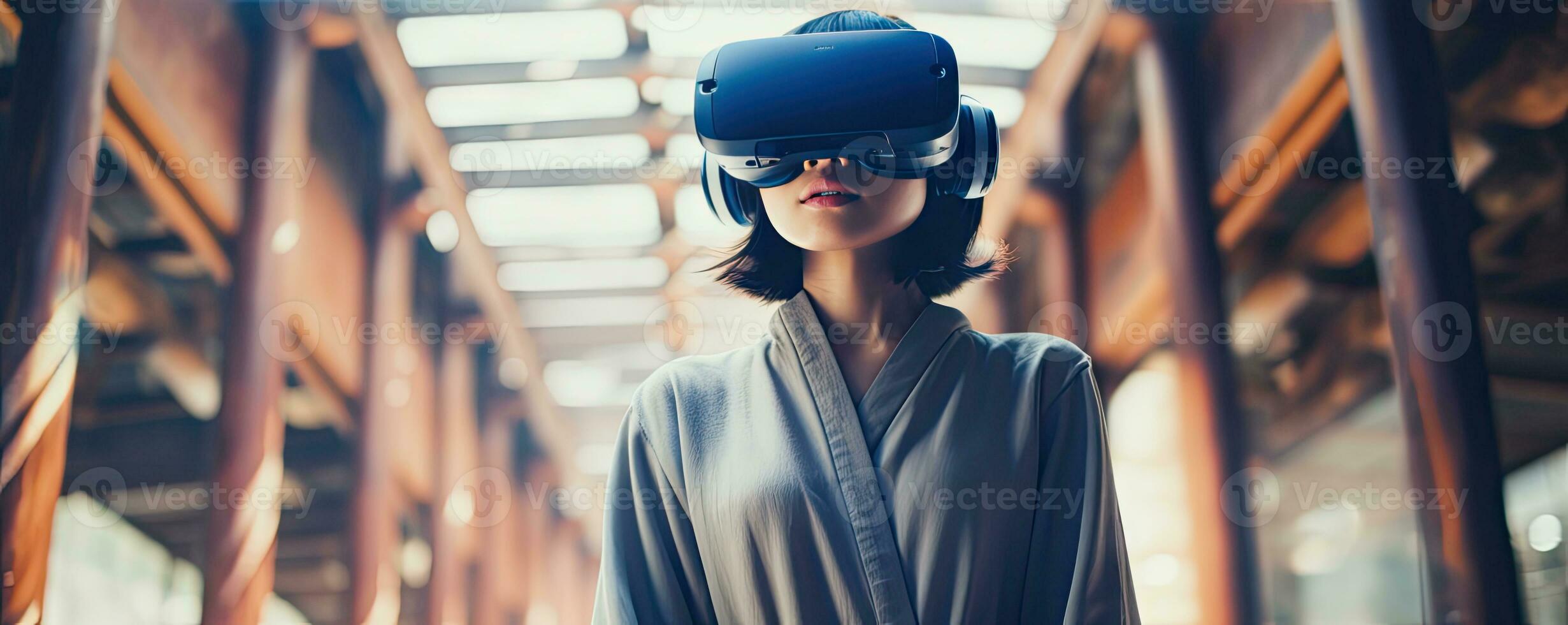 ai generiert Mädchen vertieft im vr, kontrastieren Ruhe Haltung. ai generativ. foto