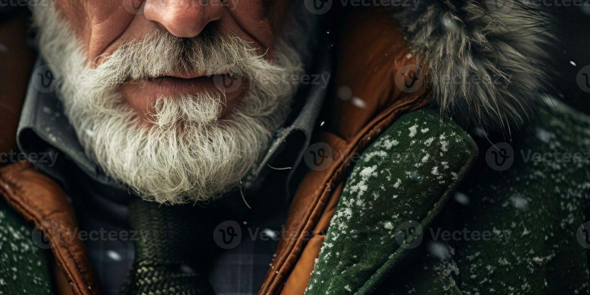 ai generiert verwittert Gesicht von ein Alten Mann im Winter Kleidung, einstellen gegen ein schneebedeckt. ai generativ. foto