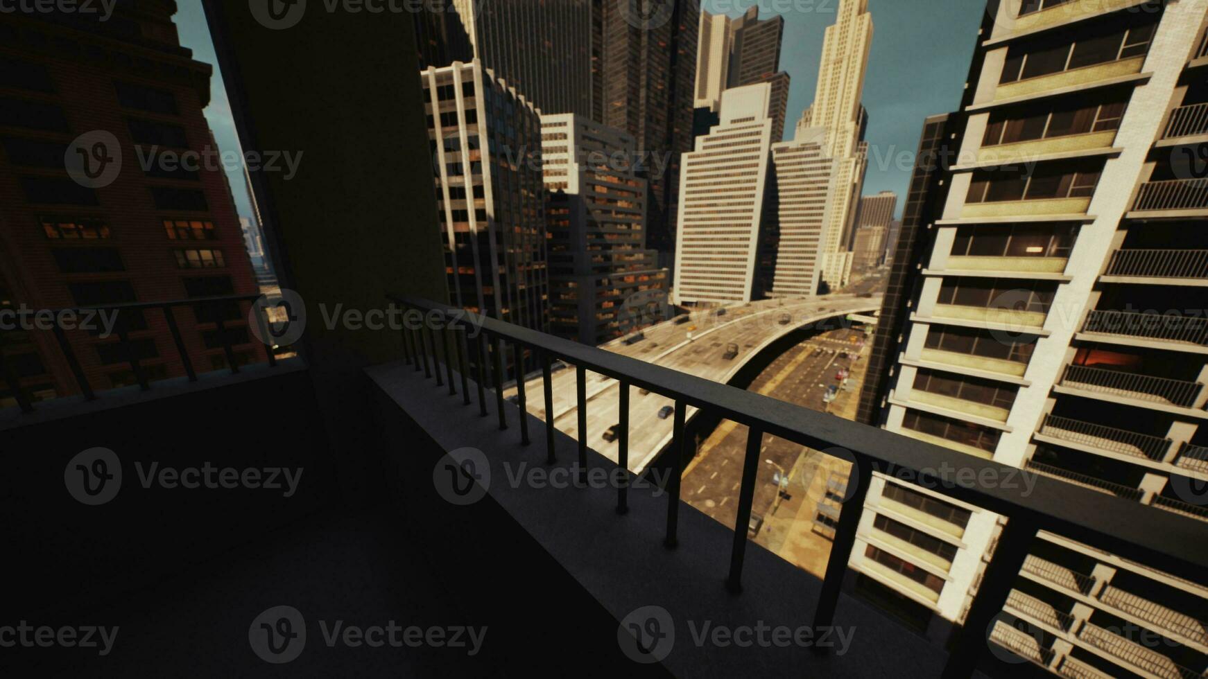 ein Stadtbild gefangen von ein Balkon mit Blick auf das geschäftig Straßen unten foto