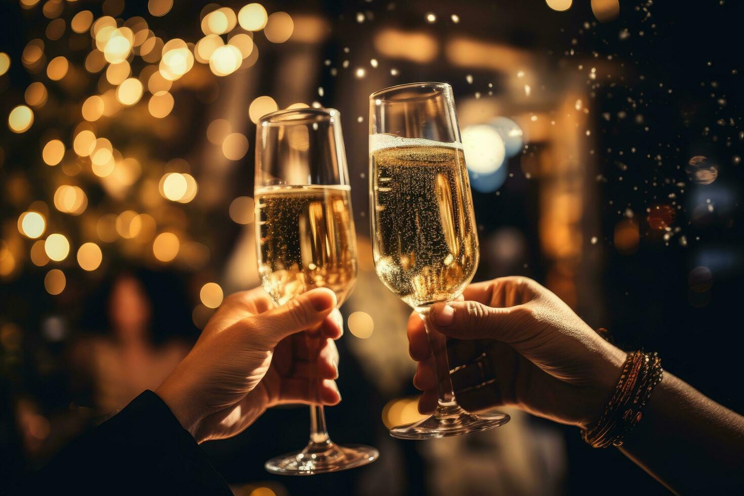 ai generiert schließen oben von Paar Klirren Brille von Champagner beim Weihnachten Party, schließen oben von Menschen Toasten mit Weihnachten Champagner Gläser, ai generiert foto