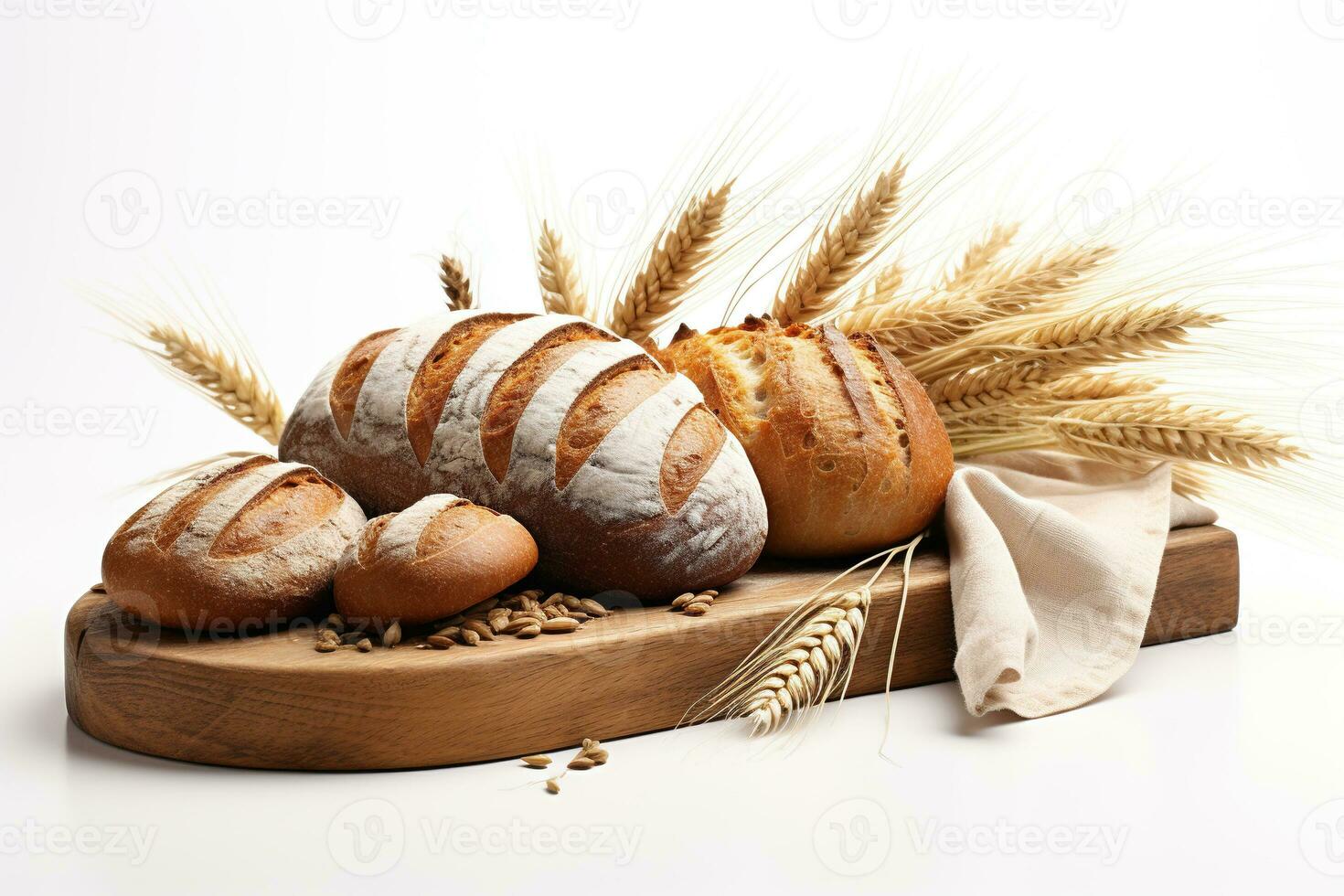 ai generiert frisch gebacken hausgemacht Brot auf ein hölzern Tafel mit Ohren von Weizen. generiert durch künstlich Intelligenz foto