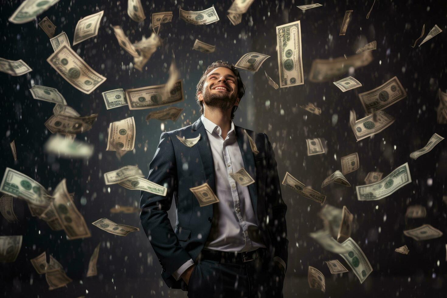 ai generiert gut aussehend jung Geschäftsmann Stehen unter fallen Geld Regen auf schwarz Hintergrund, ein glücklich und erfolgreich Mann Stehen unter ein Regen von Geld, mit ein Menge von, ai generiert foto