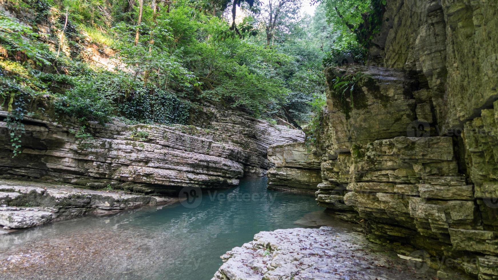 schöner wald und bergfluss in psakho canyon, krasnodar krai, russland. foto