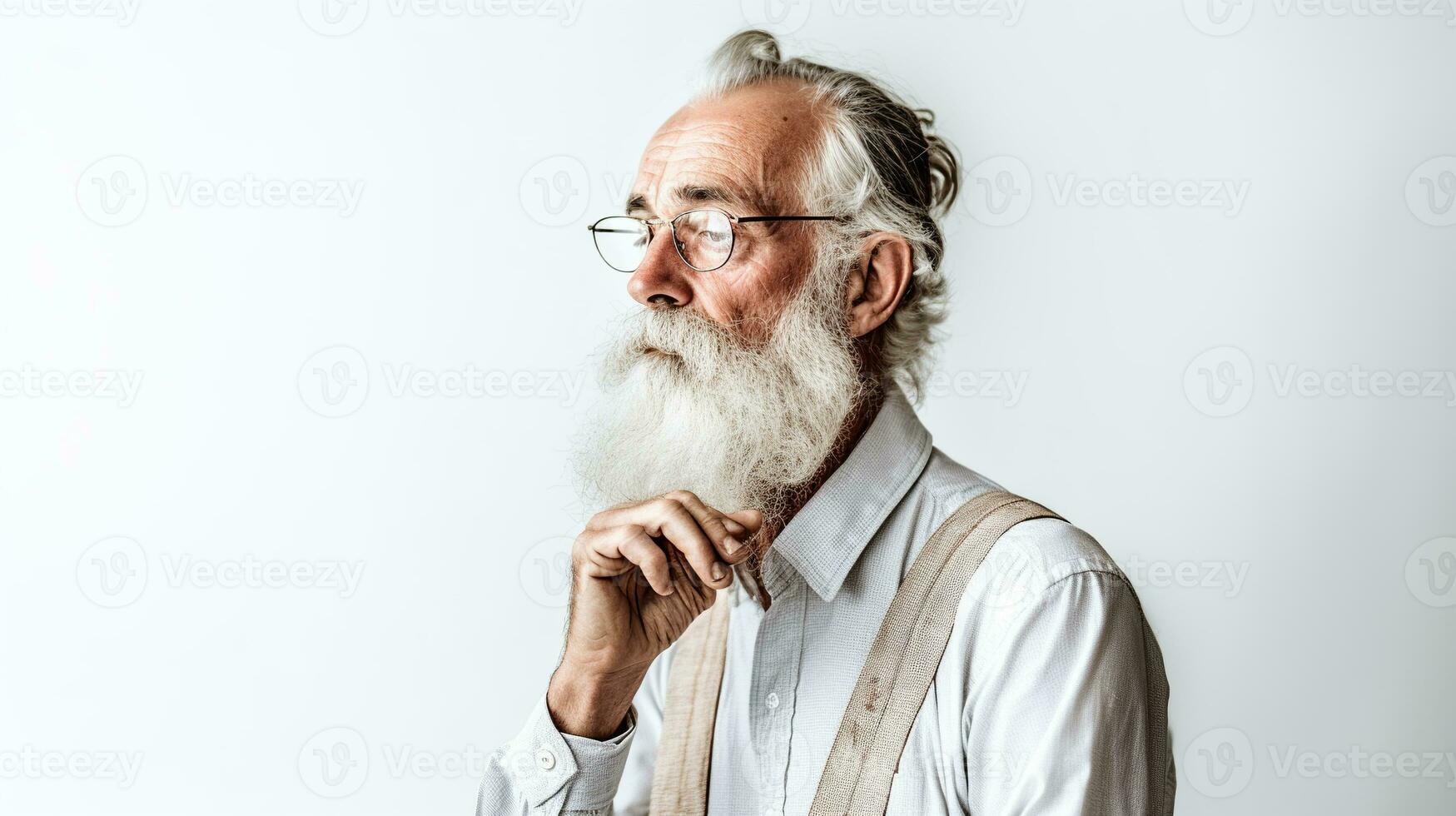 ai generiert ein nachdenklich Senior Mann, mit bärtig tragen Weiß Hemd und Hosenträger, mit Gläser, halten ihr kinn, gegen ein einfach Weiß Hintergrund foto