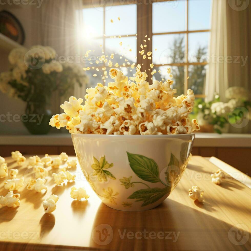 ai generiert Overhead Schuss von ein Schüssel mit Popcorn foto