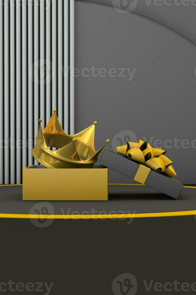 Geschenk Box mit Gold Krone ein glücklich Offenbarung Konzept foto