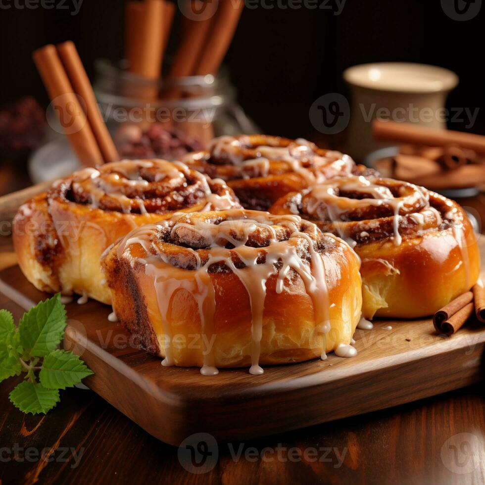 ai generiert lecker Zimt Rollen Gebäck mit Glasur, Weihnachten Backen auf ein hölzern Schreibtisch. köstlich Zuhause gemacht saisonal Nachspeisen, festlich Dekoration foto