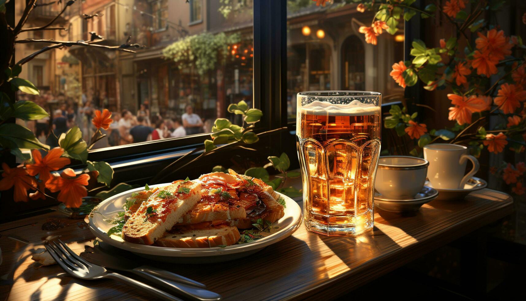 ai generiert ein Gourmet Mahlzeit auf ein hölzern Tisch, Wein und Kerze generiert durch ai foto