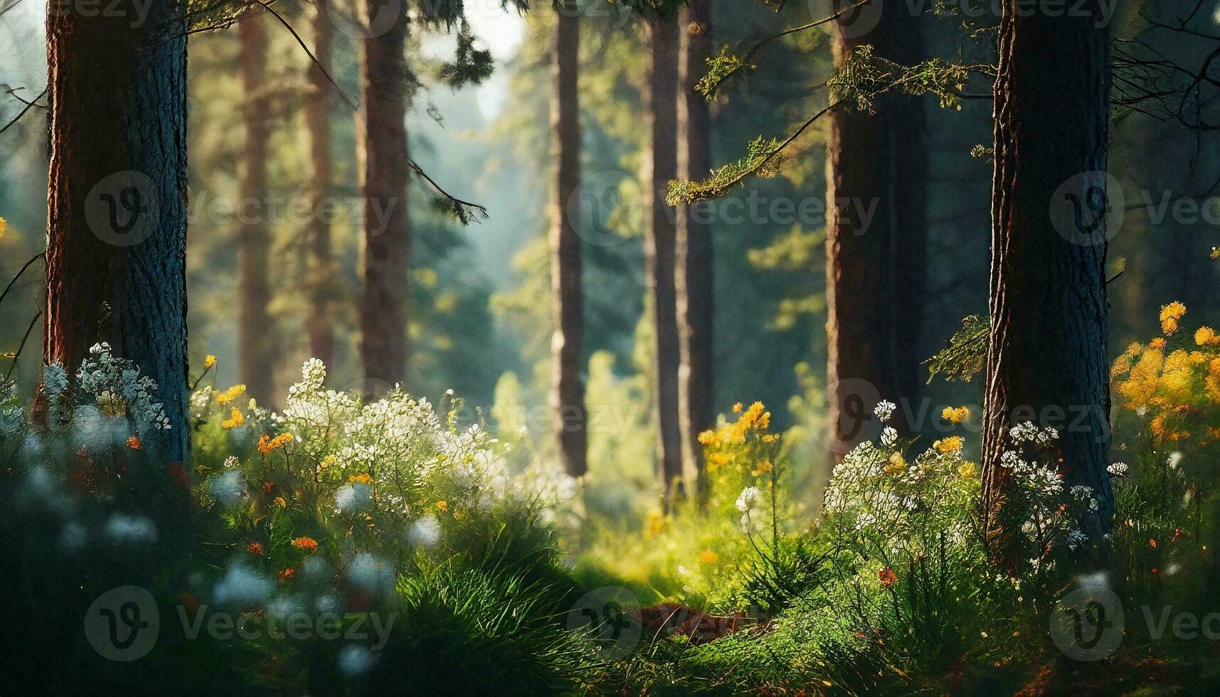 ai generiert Wald schön natürlich Landschaft mit Kiefer Bäume und wild Blumen selektiv Fokus foto