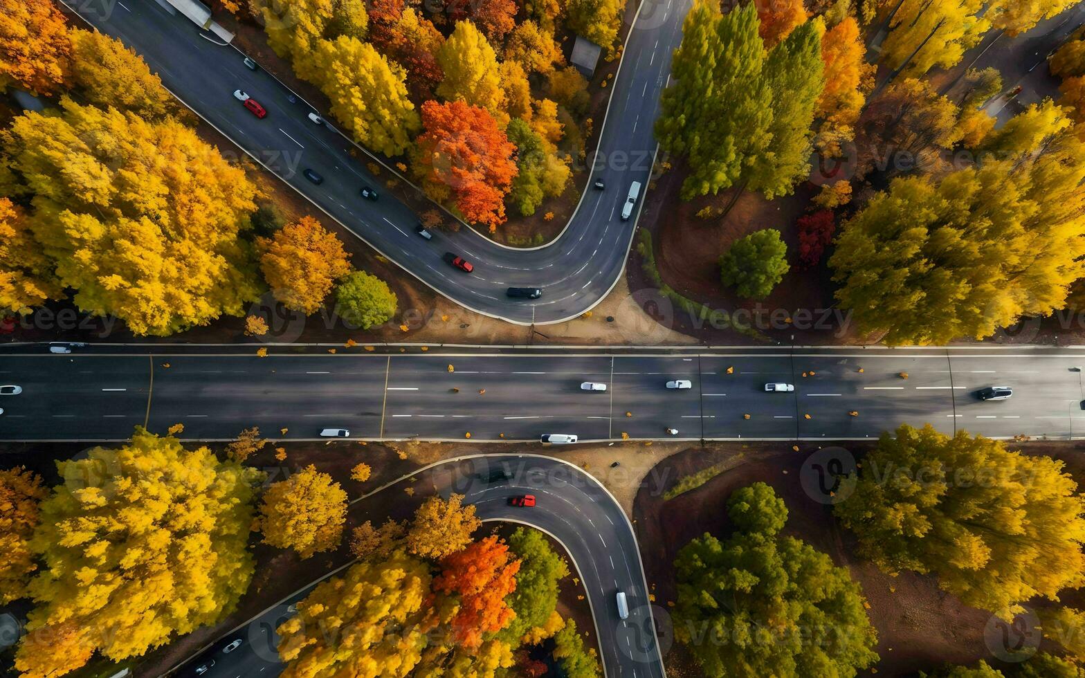ai generiert herbstlich Autobahn Ansichten Antenne Gelassenheit Über Wald und Überführungen ai generiert foto