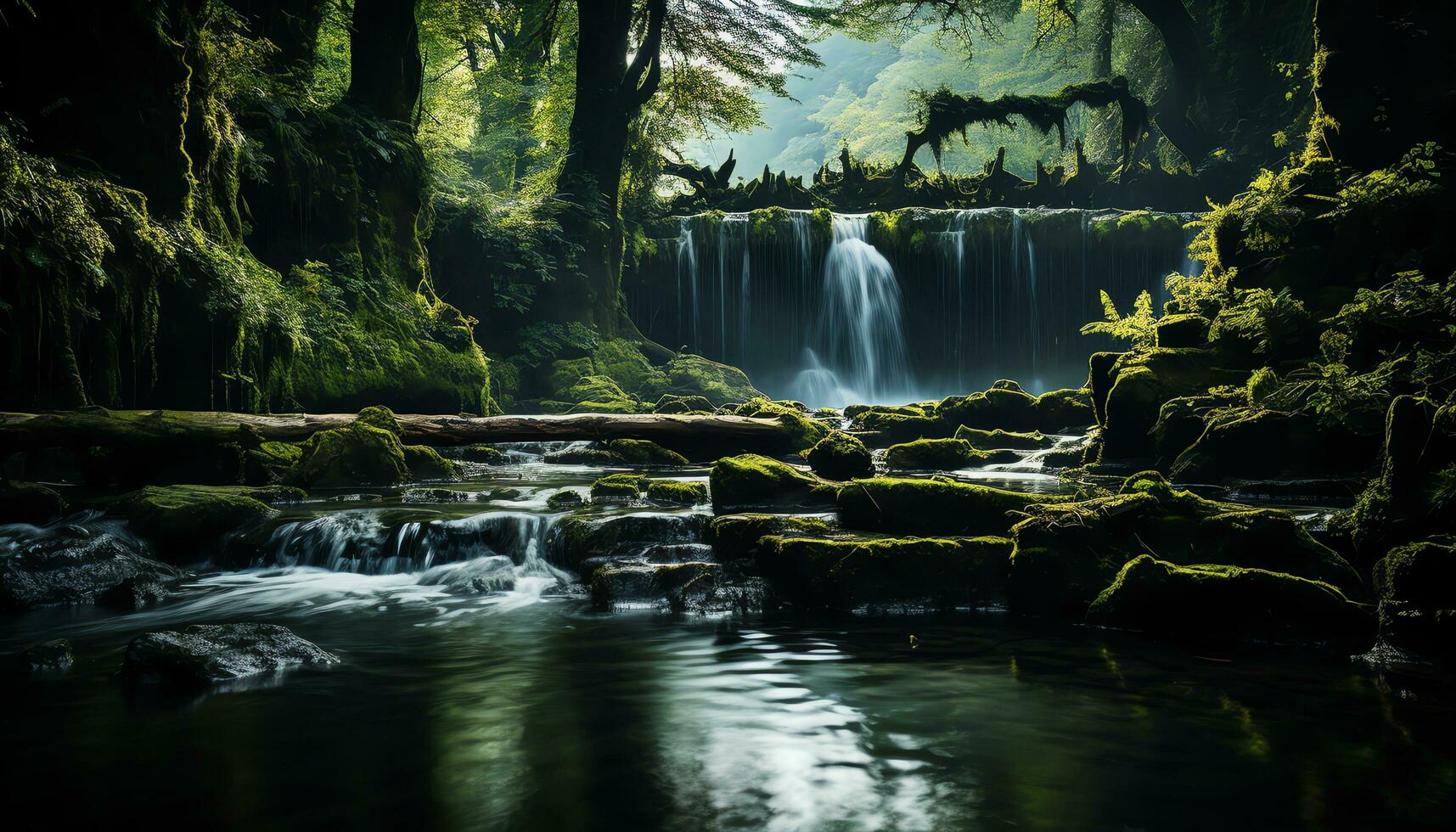 ai generiert ein Wasserfall im das Mitte von ein Wald mit Felsen und Moos foto