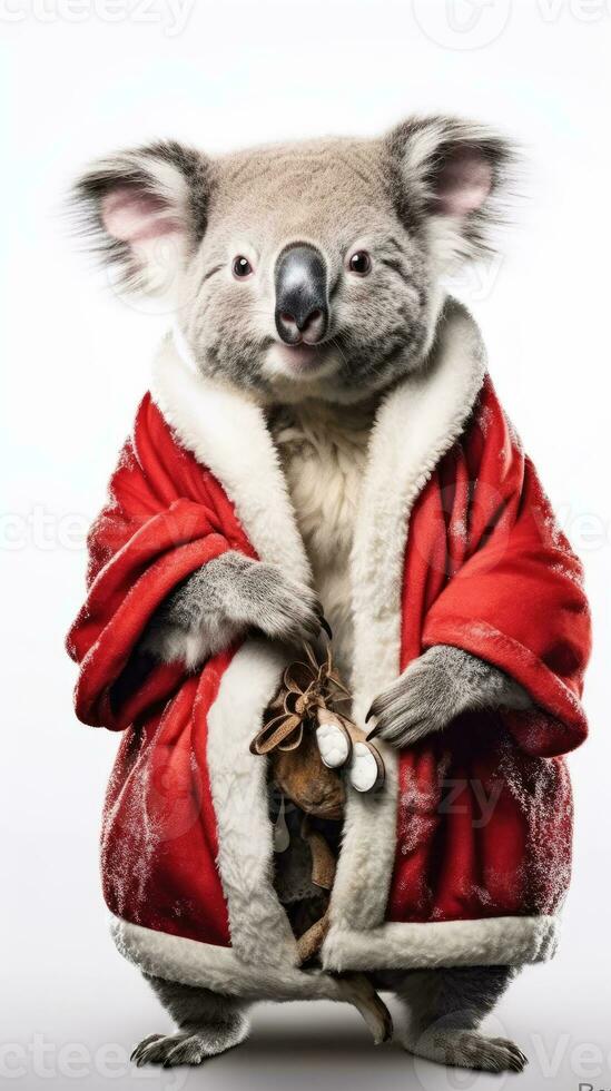 ai generiert süß Koala rot Santa Hut Hintergrund Schnee Postkarte flauschige Tiere Geschenk rot Winter Foto