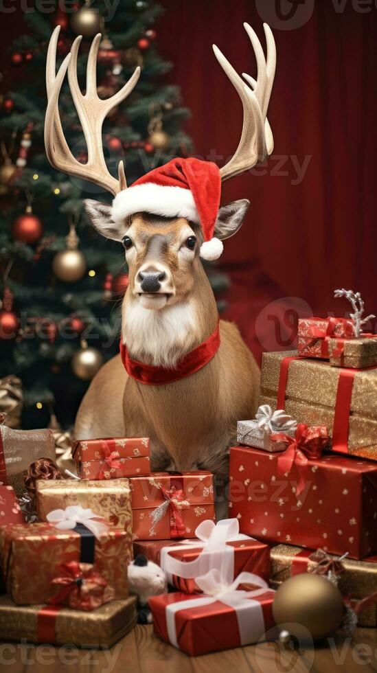 ai generiert süß Hirsch rot Santa Hut Hintergrund Schnee Postkarte flauschige Tiere Geschenk rot Winter Foto