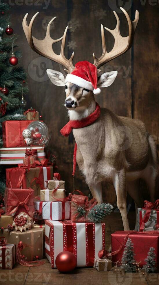 ai generiert süß Hirsch rot Santa Hut Hintergrund Schnee Postkarte flauschige Tiere Geschenk rot Winter Foto