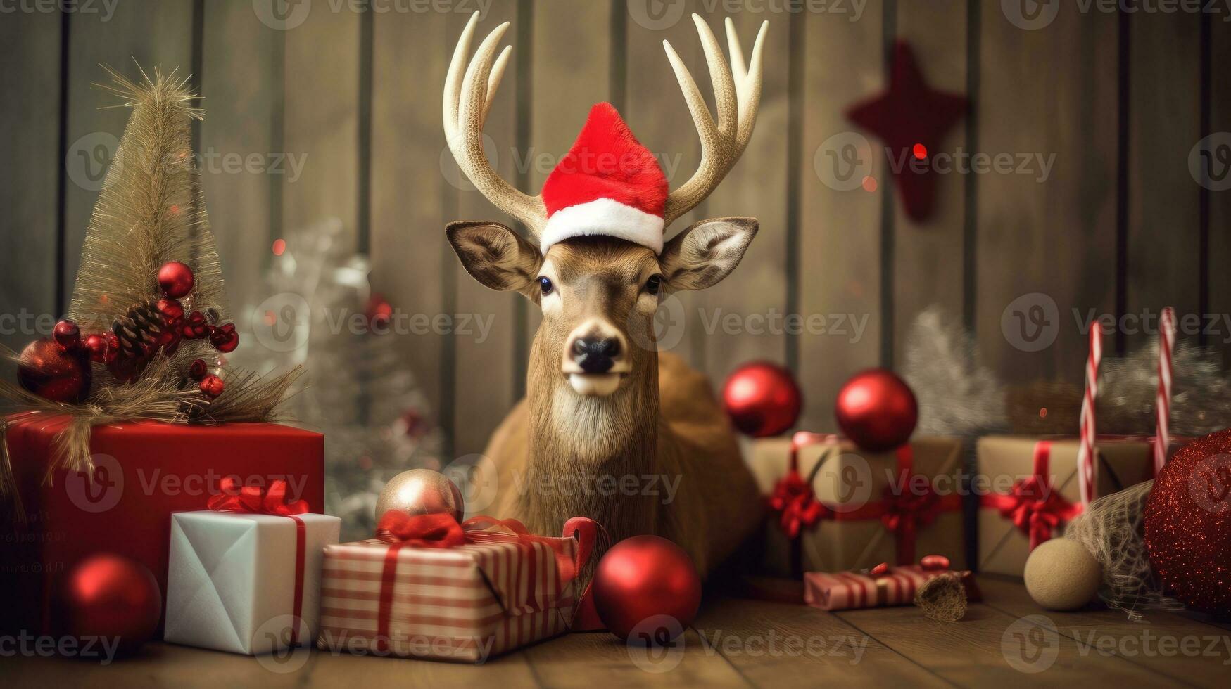 ai generiert süß Hirsch rot Santa Hut Hintergrund Schnee Postkarte flauschige Tiere Geschenk rot Winter Foto