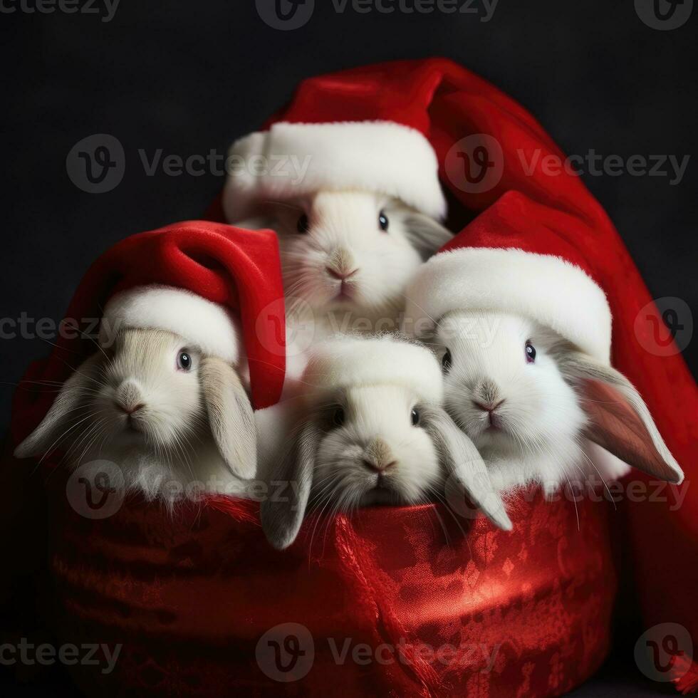 ai generiert süß Hirsch rot Santa Hut Hintergrund Schnee Postkarte flauschige Tiere Geschenk rot Winter Foto