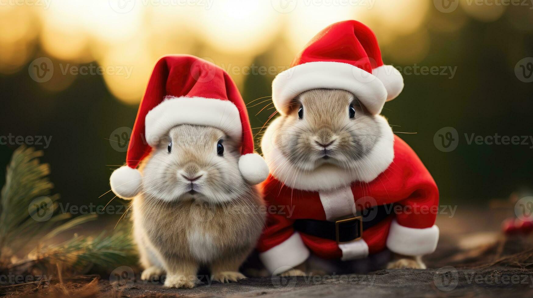 ai generiert süß Hirsch rot Santa Hut Hintergrund Schnee Postkarte flauschige Tiere Geschenk rot Winter Foto