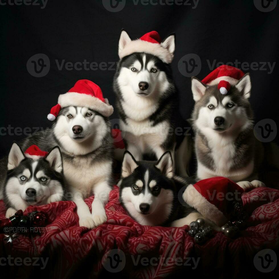 ai generiert süß Hund Hündchen mit Weihnachten Geschenk Kisten Konzept Foto Poster fröhlich Geschenk rot Neu Jahr