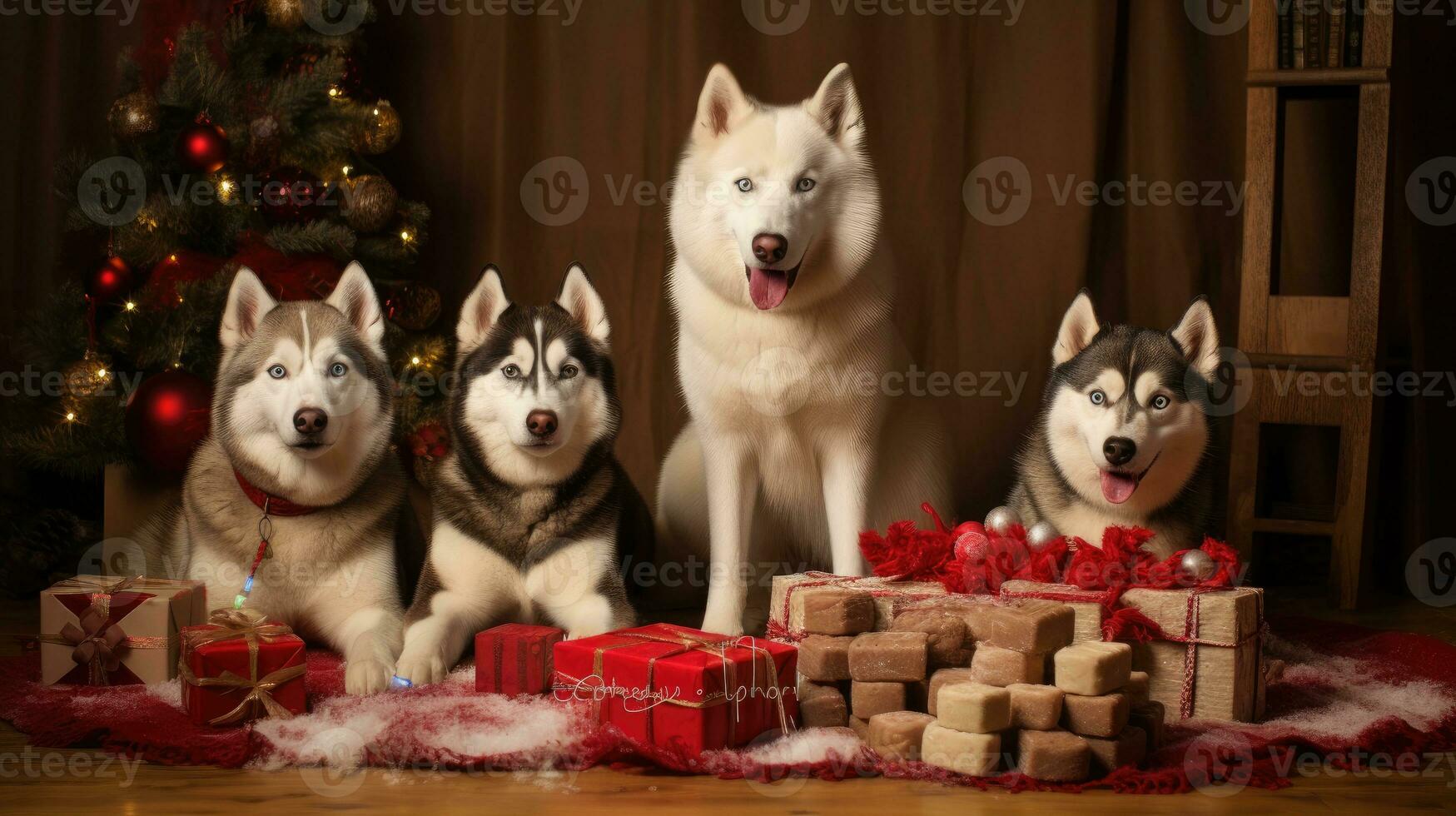 ai generiert süß Hund heiser Wolf Hündchen mit Weihnachten Geschenk Kisten Konzept Foto Poster fröhlich Geschenk rot Neu Jahr