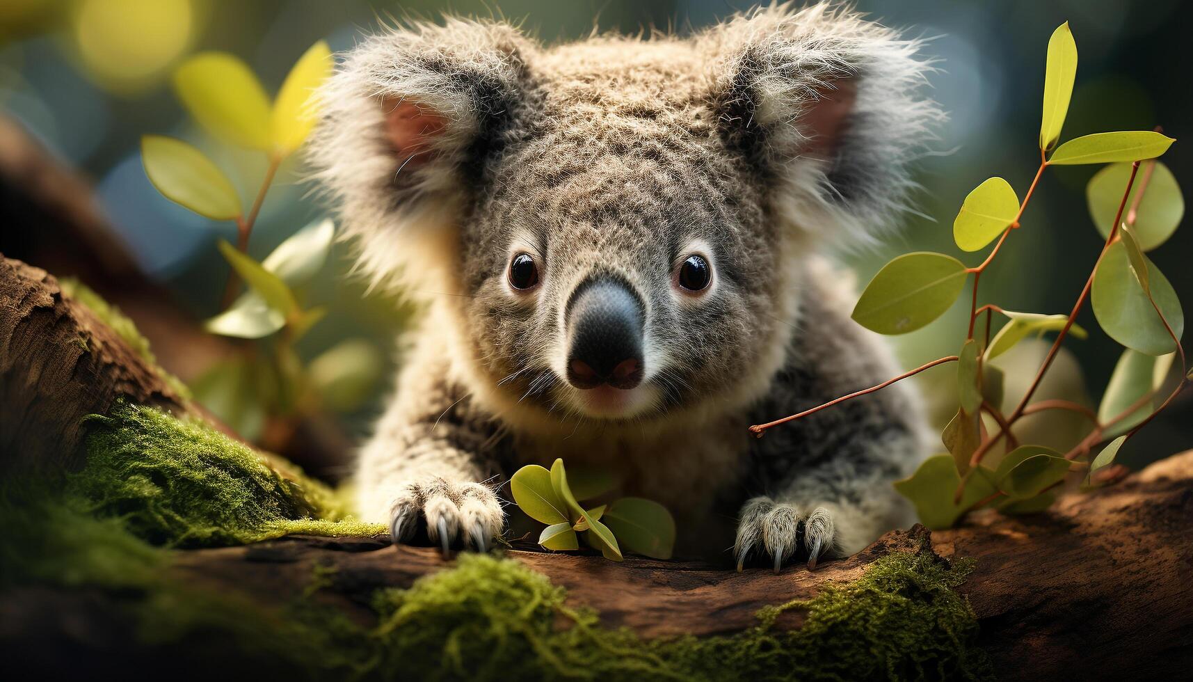 ai generiert süß Koala Sitzung auf Zweig, suchen beim Kamera im Wald generiert durch ai foto