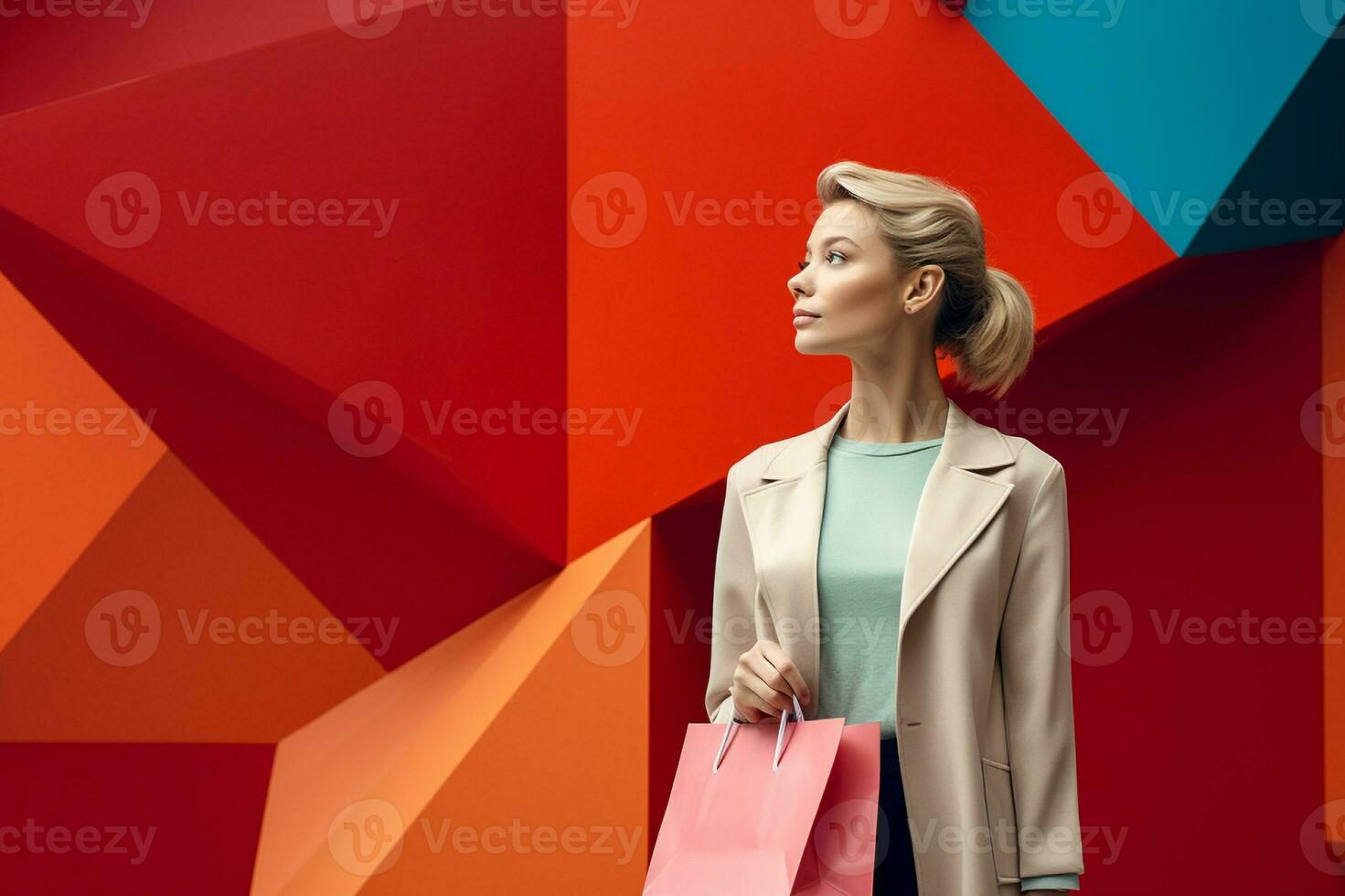 ai generiert schön jung Frau mit Einkaufen Taschen im Einkaufszentrum, auf Farbe Hintergrund ai generiert foto