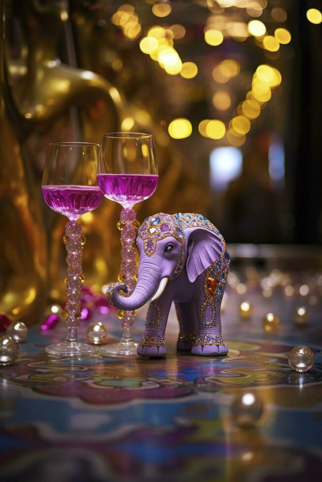 ai generiert Spielzeug Elefant und Champagner Brille auf ein Tabelle gegen ein Bokeh Hintergrund, bezaubernd Spielzeug Skulpturen. foto