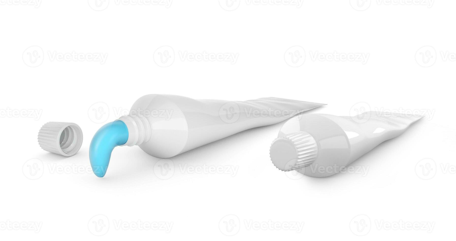 Tube von Zahnpasta und drücken Zahnpasta aus von ein Zahnpasta Tube auf ein Weiß Hintergrund foto
