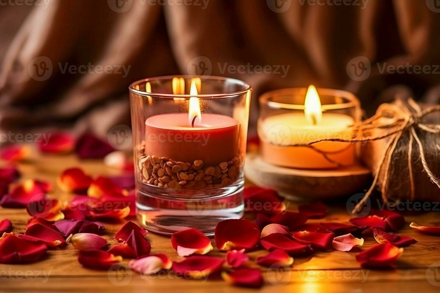 ai generiert Kerzenlicht Charme - - romantisch Komposition mit Rosa Rose Blütenblätter foto